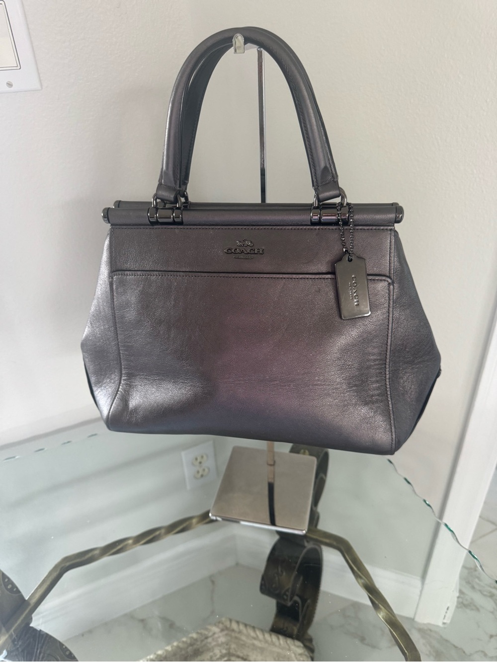 COACH Metallic Pewter Leather Satchel Handbag Grey Gunmetal NWOT